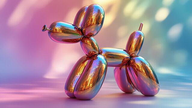 Iridescent neon shiny classic balloon dog. Rainbow holographic bubble animal isolated on light pink and blue background. 3d element for banner, copy space. Hologram Foil Aesthetic.  - Powered by Adobe