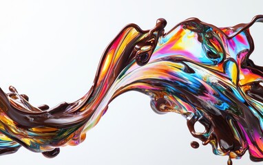 Fototapeta premium Dynamic swirl of glossy melted chocolate in vivid rainbow colors, splashing against a clean white background