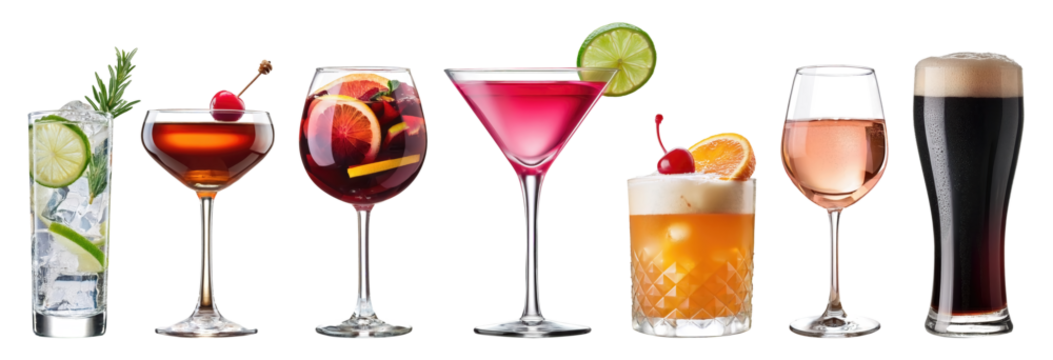 cocktail mix: gin tonic, manhattan, sangria, cosmopolitan, amaretto sour, rose wine, dark beer