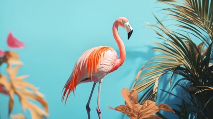 Fototapeta premium Flamingo in Tropical Environment with Blue Background