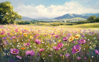 Obraz premium Sunlit cosmos flowers swaying gently in a sprawling field, evoking warmth and a connection to nature