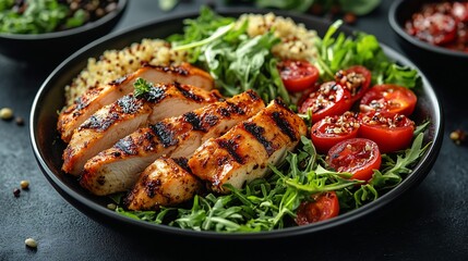 Grilled chicken breast, quinoa, arugula, and cherry tomatoes.