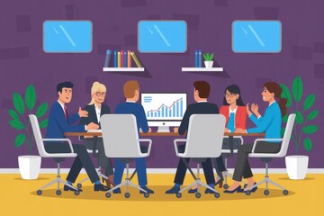 A business meeting with five people discussing data and graphs in an office