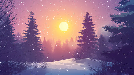 Naklejka premium Snow falling on pine trees covered with snow at sunset in winter forest. Winter Woods. Illustration