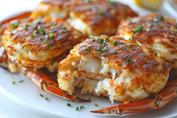 Fresh crab cakes served on a white plate with lemon wedges