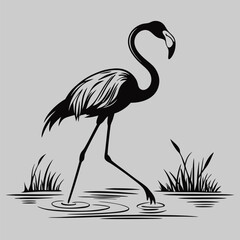 a flamingo wading in shallow water silhouette vector design art and illustration