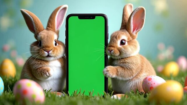 Easter bunny portrait holding chroma key phone in paws with eggs, phone with green screen. vertical mock up for advertising, Rabbit using showing smartphone, online shopping, care, pet goods