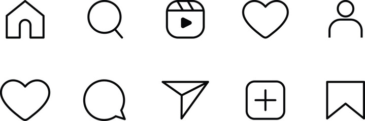  social media like comment share save icon collection in line style. Set of social network user interface button icons on white background. Vector illustration 