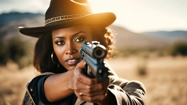 African American Cowboy woman with a revolver in the wild west.