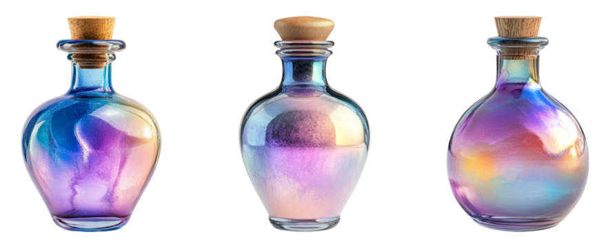 Three colorful glass bottles with wooden stoppers on a transparent background