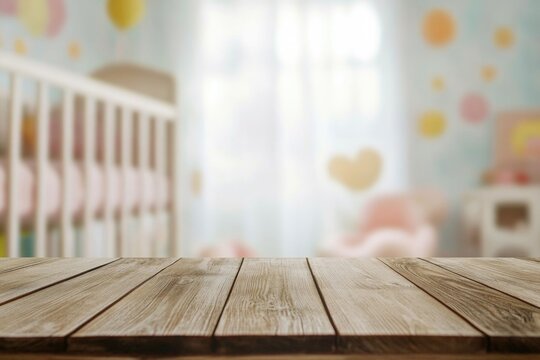 A wooden table placed near a baby crib, perfect for feeding, changing or just bonding with your little one