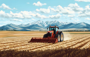 Obraz premium Tractor plowing a vast field with mountains in the distance, encapsulating the essence of agriculture and rural landscapes