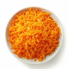 White bowl is filled with a pile of shredded cheddar cheese