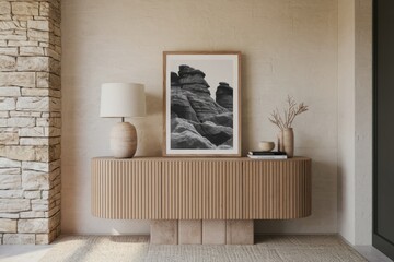 Minimalist living room with wooden cabinet  lamp  vase  photo.