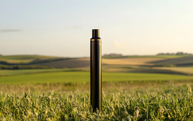 Traditional windmill stands in a tranquil farmland setting amidst open green fields under a clear sky