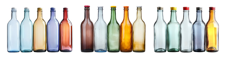 Collection of Colorful Glass Bottles Isolated on Transparent Background