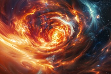 Obraz premium Mesmerizing vortex of interstellar gas and dust creates a stunning cosmic scene, swirling with fiery colors and sparkling stars