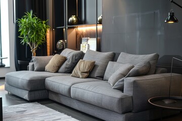 Fototapeta premium Modern living room showcasing a comfortable gray sofa, stylish decor, and a cozy ambiance, perfect for relaxation and modern living
