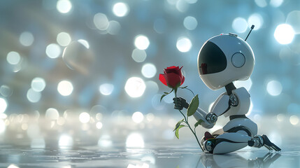 Futuristic Robot Kneeling with a Red Rose in a Dreamy Background of Bokeh Lights