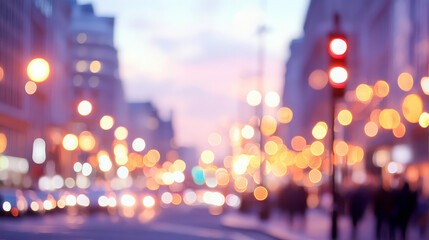 Blurred city street with lights and traffic at dusk, creating dreamy atmosphere