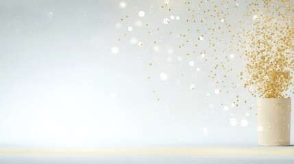 Elegant gold glitter confetti bursts from light beige cylinder. Festive background ideal for birthday party invitations wedding anniversaries festive winter celebrations like Christmas, New Years