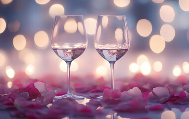 Two wine glasses surrounded by pink rose petals and bokeh, setting a romantic mood for Valentinea??s Day