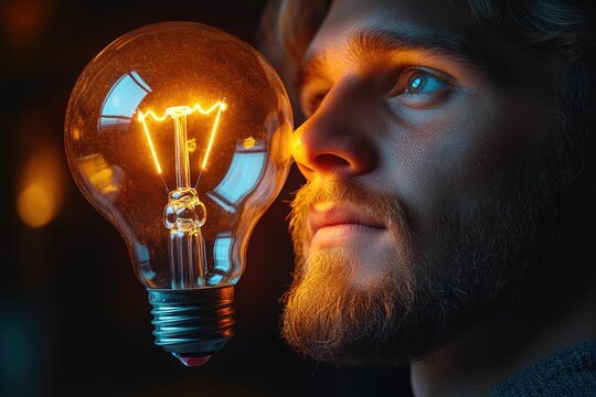 A person with facial hair holding an electric lamp, possibly for repair or decoration