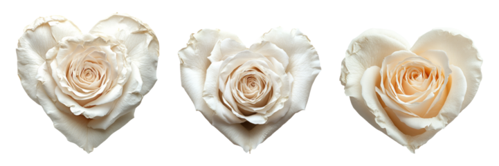 Three delicate white roses shaped like hearts on a transparent background
