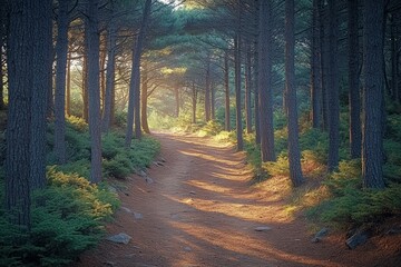 Fototapeta premium Serene Nature Trail Offering Tranquility Amidst Lush Greenery Under the Canopy of Trees