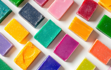 Vibrant collection of soap bars in a variety of colors, isolated against a seamless white background