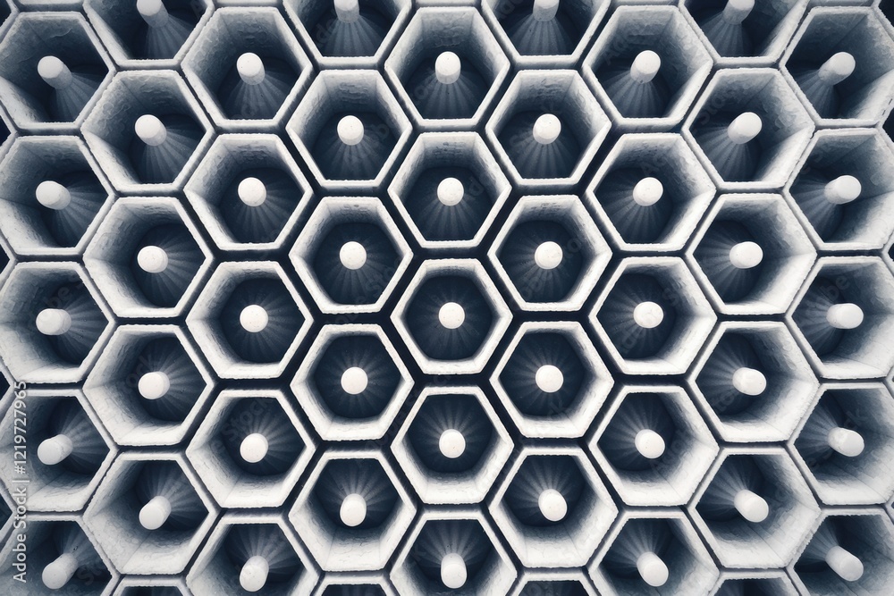 Poster a repeating hexagonal pattern with white circles in the center of each hexagon.