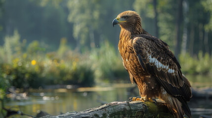 Fototapeta premium A large brown eagle is perched on a tree branch by a body of water