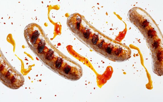 Grilled sausages flying mid-air with mustard and ketchup splashes on white.