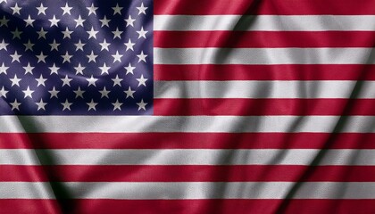 Close-up of a waving American flag, showcasing the intricate details of its stars and stripes. The texture of the fabric is prominent. 
