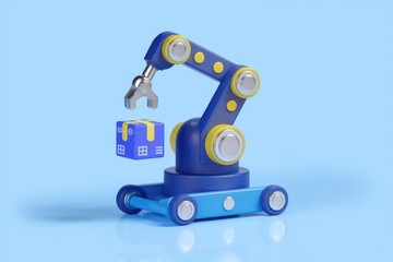 Fototapeta premium A blue robotic arm with yellow accents picks up a box on a blue background.