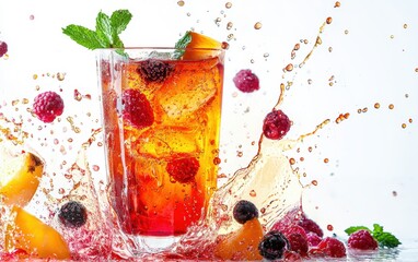Iced fruit tea with berry juice and fresh mint, vibrant liquid splashes, bright white background