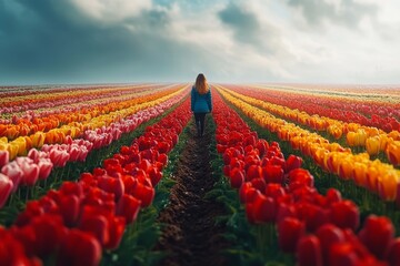Fototapeta premium A Kaleidoscope of Blooming Tulips: Capturing the Radiant Beauty of Spring with a Vibrant Field Bursting in Various Colors and Rows