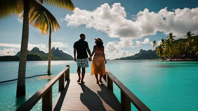 African American couple on honeymoon in Bora Bora.