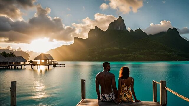 African American couple on honeymoon in Bora Bora.