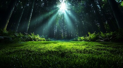 Sunbeams in dark forest, green grass, peaceful nature scene, background ideal for fantasy, meditation
