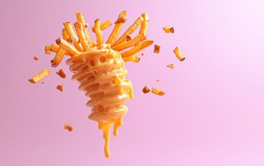 Tornado fries flying mid-air, cheese fondue drips, pastel lilac background