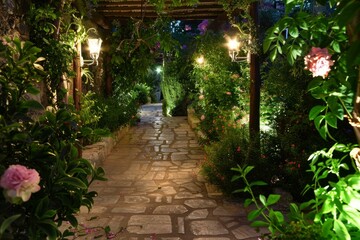 Obraz premium Tranquil garden path bathed in the soft glow of evening lights, creating a magical atmosphere