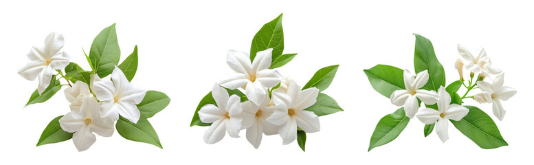 Isolated white flowers with green leaves on a transparent background