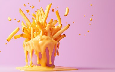 Tornado fries flying mid-air, cheese fondue drips, pastel lilac background