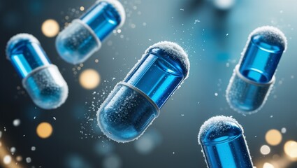 Blue tablets fall against a background with space for your text or design. Studio background