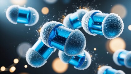 Blue tablets fall against a background with space for your text or design. Studio background