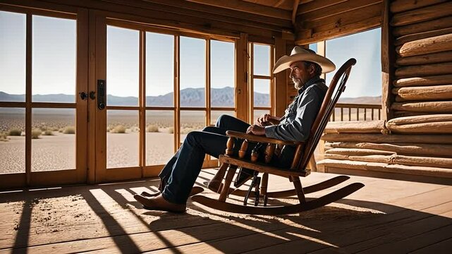 Cowboy in rocking chair in the wild west.