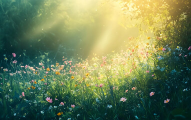 Vivid wildflower meadow swaying gently in the summer breeze, surrounded by lush greenery and bathed in warm sunlight