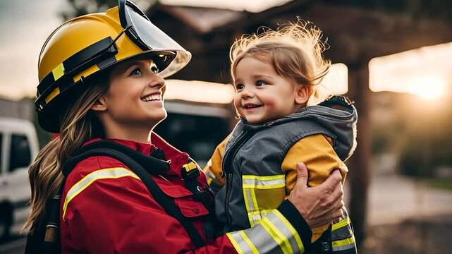 Female firefighter with a child in her arms.