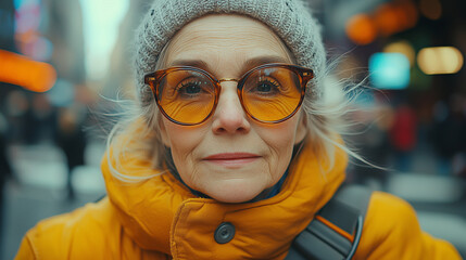 Elderly Woman in Vibrant Urban Street Style
